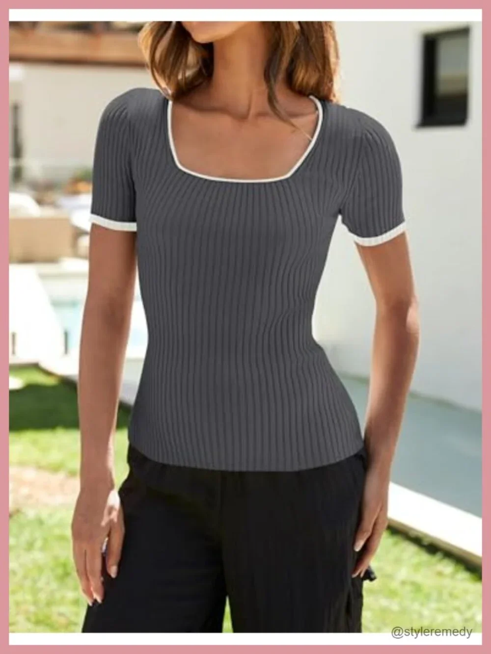 Short Sleeve Square Neck Color Block Ribbed Knit Crop Tee